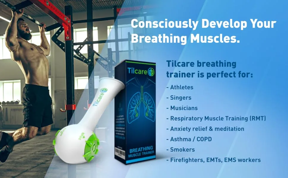 Inspiratory Expiratory Muscle Trainer by Tilcare - Perfect Breathing Exercise Device for Developing Strong Lungs - Lung Expander Exerciser That is a Great Drug-Free Therapy for COPD, CHF, or Dysphagia - Tilcare breathing trainer is for athletes, singers, musicians, firefighters, EMTs, and EMS workers.