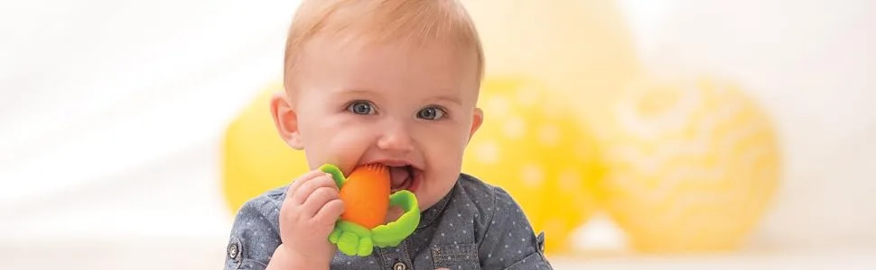 Infantino Lil' Nibble Teethers Carrot - Silicone Soft-Textured teether for Sensory Exploration and Teething Relief, with Easy to Hold Handles, 1 Count (Pack of 1) - lil nibblers, carrot teether, teether, silicone teether, teething, infantino
