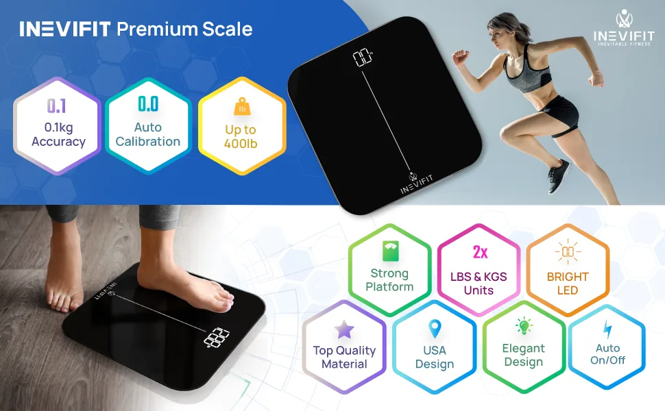 INEVIFIT Premium Bathroom Scale, Highly Accurate Digital Bathroom Body Scale, Precisely Measures Weight up to 400 lbs Black - body weight scale