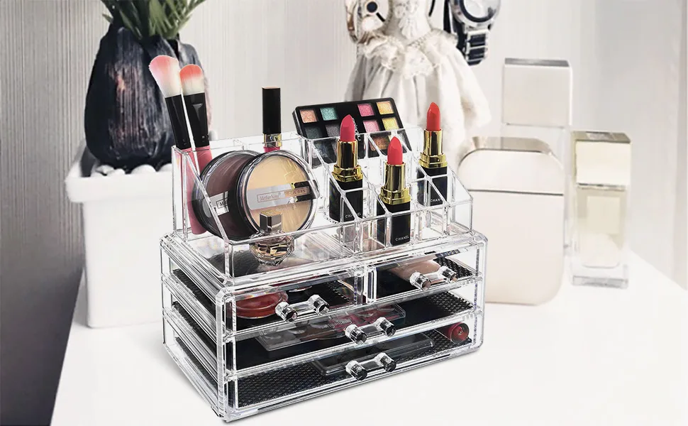 Ikee Design Clear Cosmetic Storage Organizer, Clear Makeup Organizer Cosmetic Display Case for Vanity, Bathroom Counter or Dresser 1) 1 Top 4 Drawers - acrylic makeup holder