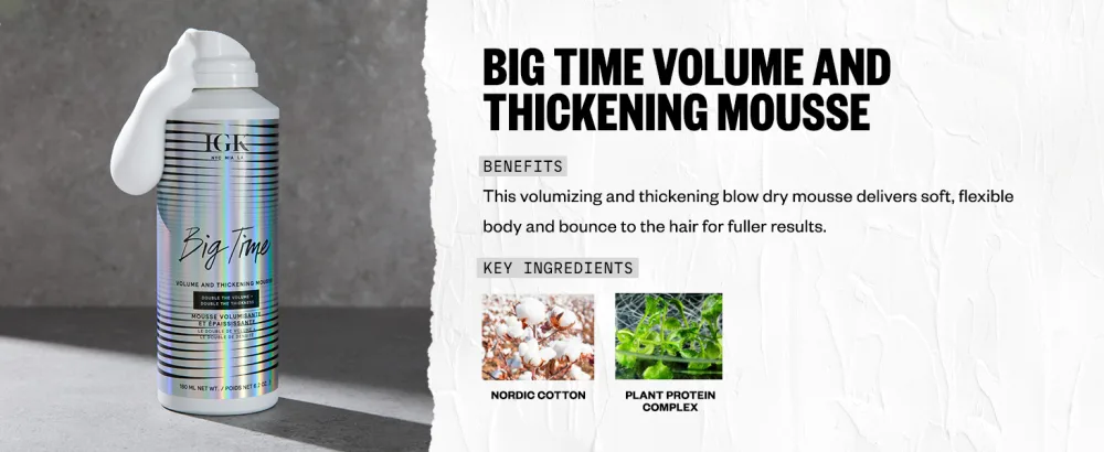 IGK BIG TIME Volume & Thickening Hair Mousse, 6.2 Fl Oz., Packaging May Vary - bug time volume mousse