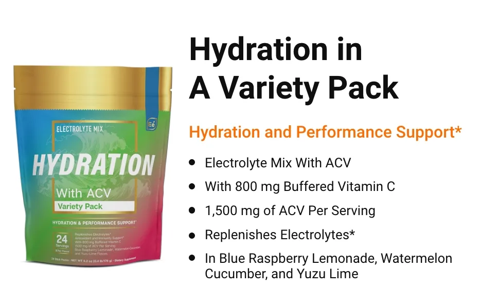 Hydration Powder Packets - Variety Pack | Sugar Free Electrolyte Drink Mix | with ACV & Vitamin C | 24 Stick Packs - by Essential elements Variety Pack 24 Count (Pack of 1) - ee-hydration-24variety-electrolyte mix with ACV
