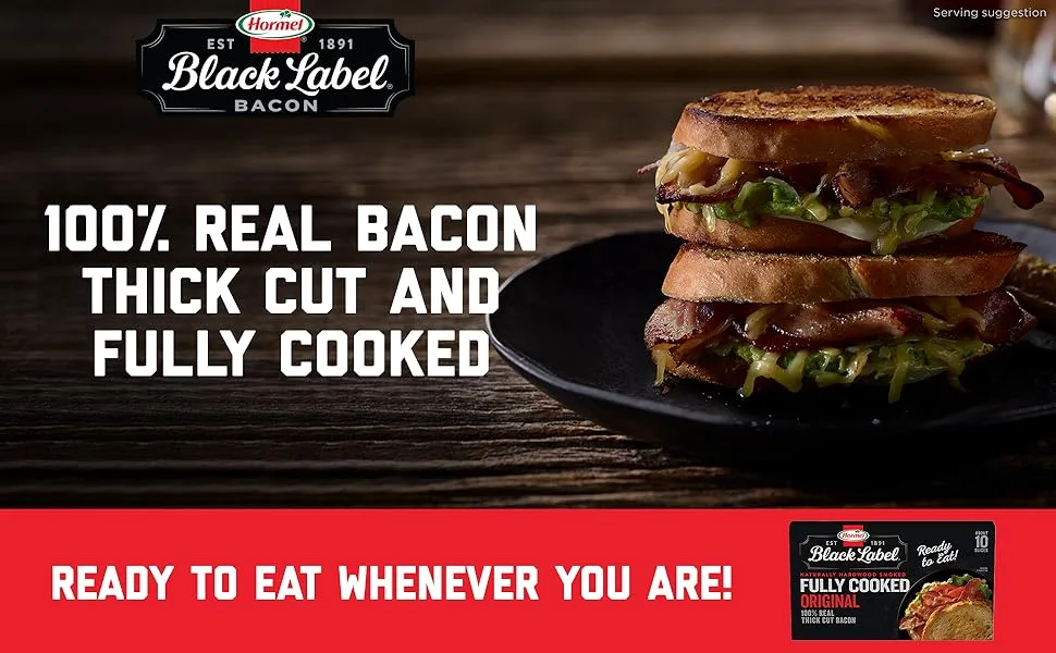 HORMEL BLACK LABEL Bacon, Fully Cooked, 2.52 oz. - 100% real bacon thick cut and fully cooked. Ready to eat whenever you are!