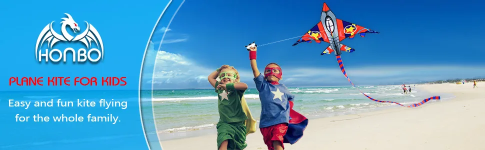 HONBO 58" Fighter Plane Kites for Kids Easy to Fly, Kite for Adults, with Kite Reel and 200ft String, Beginner Kite for Beach Trip - plane banner