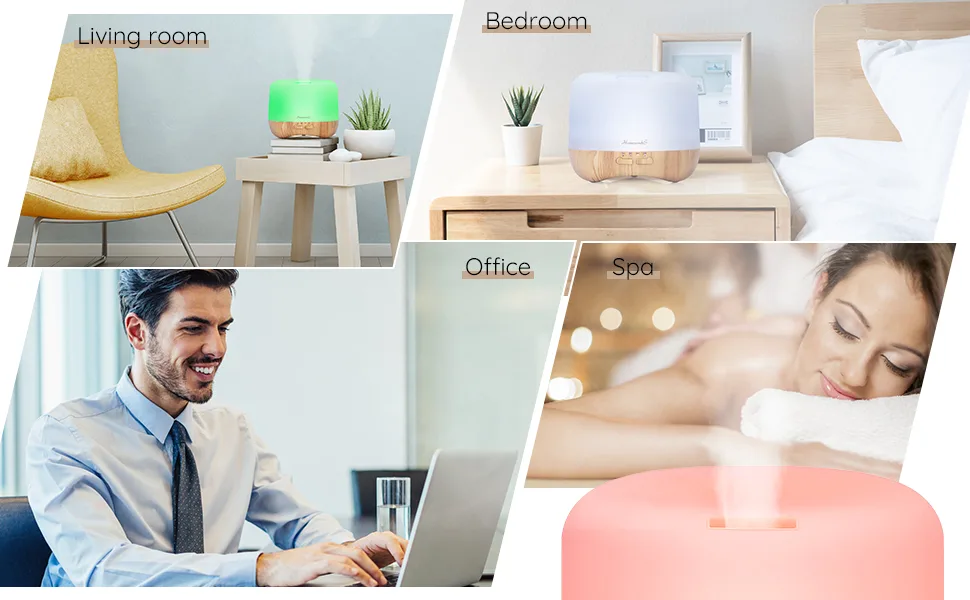 Homeweeks 300ml Essential Oil Diffuser, Quiet Aromatherapy Mist Diffusers for Essential Oils, Wood Grain Ultrasonic Oil Diffuser with Remote Control,Timer, 7 Colors Light for Bedroom (300ml) - diffuser use