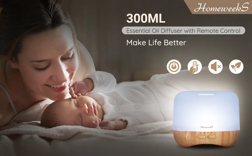 Homeweeks 300ml Essential Oil Diffuser, Quiet Aromatherapy Mist Diffusers for Essential Oils, Wood Grain Ultrasonic Oil Diffuser with Remote Control,Timer, 7 Colors Light for Bedroom (300ml) - Essential Oil Diffuser 1