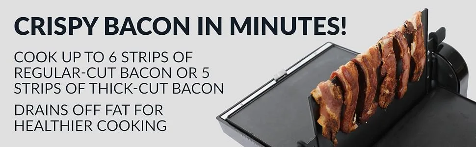 HomeCraft Nostalgia Nonstick Electric Bacon Press & Griddle Cooks 6 Pieces, Perfect for Eggs, Sausage, Pancakes, Hashbrowns, Black 2nd Generation - Crispy bacon in minutes