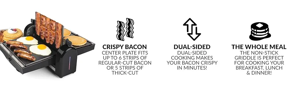 HomeCraft Nostalgia Nonstick Electric Bacon Press & Griddle Cooks 6 Pieces, Perfect for Eggs, Sausage, Pancakes, Hashbrowns, Black 2nd Generation - Makes up to 6 strips of crispy bacon; griddle for making a whole meal!