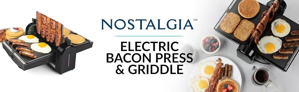 HomeCraft Nostalgia Nonstick Electric Bacon Press & Griddle Cooks 6 Pieces, Perfect for Eggs, Sausage, Pancakes, Hashbrowns, Black 2nd Generation - Nostalgia electric bacon press and griddle