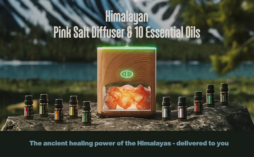 Himalayan Pink Salt Diffuser & 10 Essential Oils  2-in-1 Therapeutic Device - Aromatherapy & Ionic Himalayan Salt Therapy  400ml Ultrasonic Vaporizer and Ionizer with Ambient Glow - header