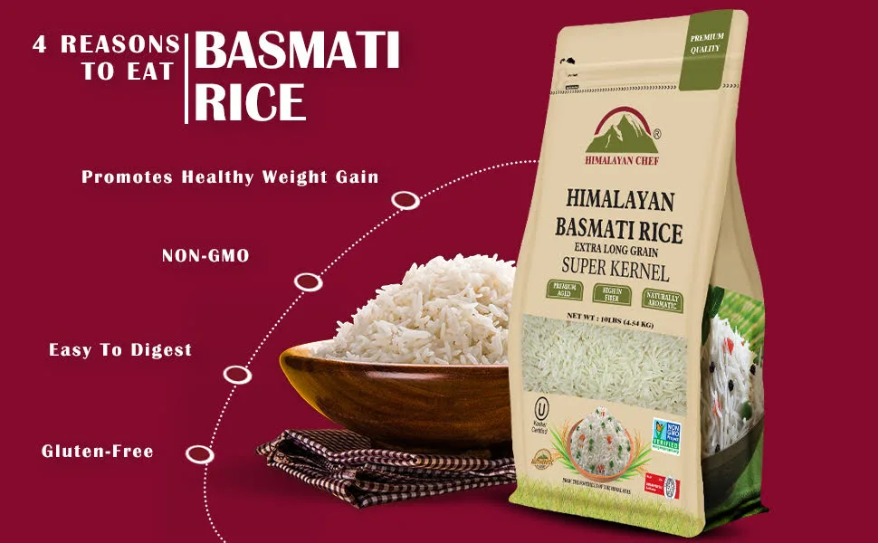 Himalayan Chef Basmati Rice 10 lbs. Natural Extra Long Grain Super Kernal - White Basmati Rice