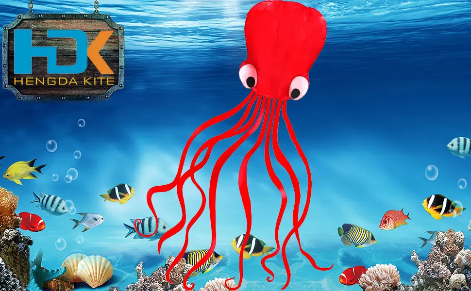 Hengda Kite Software Octopus Flyer Kite with Long Colorful Tail for Kids, 31-Inch Wide x 157-Inch Long, Large A all red - hengda kite