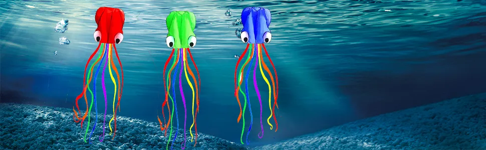 Hengda kite Pack 3 Colors Beautiful Large Easy Flyer Kite for Kids-Software Octopus-It's Big! 31 Inches Wide with Long Tail 157 Inches Long-Perfect for Beach or Park by 3 Colors(Red&Green&Blue) - hengda kite