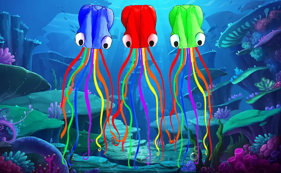 Hengda kite Pack 3 Colors Beautiful Large Easy Flyer Kite for Kids-Software Octopus-It's Big! 31 Inches Wide with Long Tail 157 Inches Long-Perfect for Beach or Park by 3 Colors(Red&Green&Blue) - kite