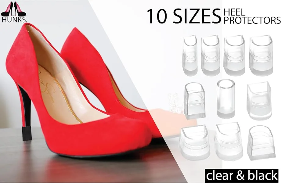 Heel Hunks 10 Sizes Pack Black - Heel Cap Protector Replacement Tips for High Heel Shoes and Stiletto - Anti-Slip and for Grass - (10 Pairs) 10 SET Black - heel hunks high heel cap protectors clear logo