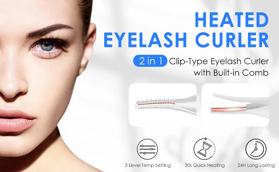 Heated Eyelash Curler, USB Rechargeable 2 in 1 Clip-Type & Built-in Comb Heat Lash Curler with 3 Temperature Modes, Quick & Long-Lasting Curling Effect - eyelash curler