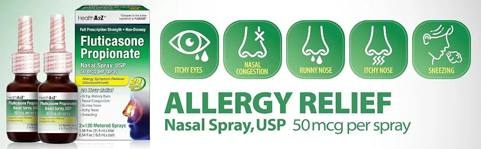HealthA2Z Fluticasone Propionate Nasal Sprays, 2 Pack * 120 Sprays, 24 Hour Allergy Relief - banner short