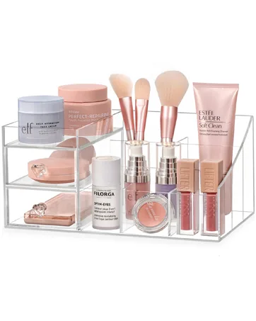 HBlife Clear Acrylic Makeup Compact Organizer, 8 Spaces Vanity Organizer Stand Eyeshadow Pallet Storage for Lipstick Bronzer Powder Highlighter, Skincare Cosmetic Display Cases for Bathroom - makeup organizer