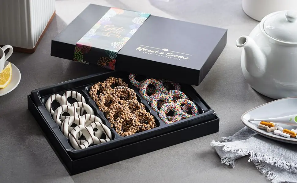 Hazel & Creme Chocolate Covered Pretzels - GET WELL SOON Chocolate Gift Box - Care Package Gift - Gourmet Food Gift - Hazel & Creme Chocolate Covered Pretzels GET WELL SOON Chocolate Gift Box Care Package