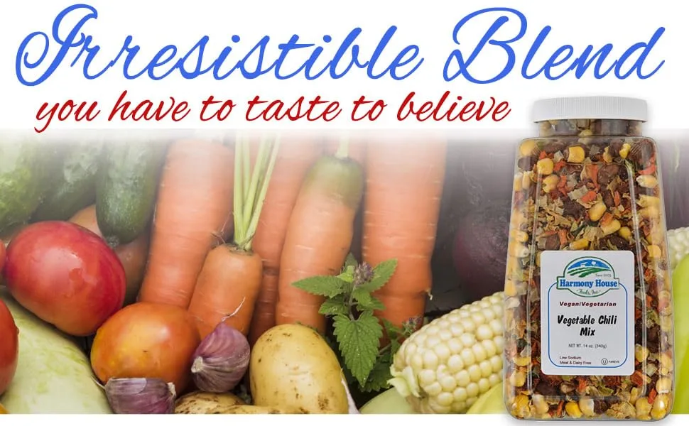 Harmony House Plain Vegetable Chili Mix  Gluten Free, Low Sodium, For Cooking, Camping, Emergency Supply & More (14 oz. Jar) - Eating your veggies has never been so easy... and delicious!