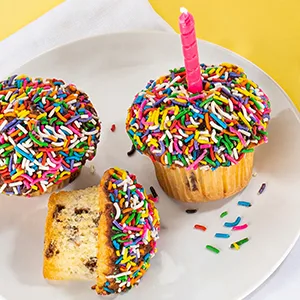 Happy Birthday Cupcakes Large Gift Basket Rainbow Sprinkle Chocolate Sprinkle | 7 INDIVIDUALLY WRAPPED Fresh Cupcakes | Party Food Gift - cupcakes on a plate