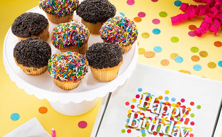 Happy Birthday Cupcakes Large Gift Basket Rainbow Sprinkle Chocolate Sprinkle | 7 INDIVIDUALLY WRAPPED Fresh Cupcakes | Party Food Gift - cupcakes on a tray