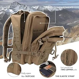 Hannibal Tactical MOLLE Assault Pack, Tactical Backpack Military Army Camping Rucksack, 3-Day Pack Black - military backpack side