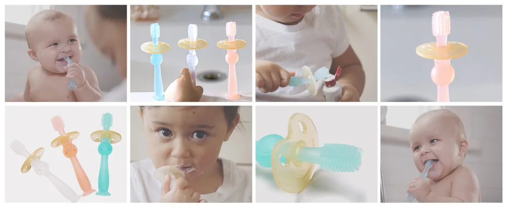 haakaa 360 Baby Toothbrush with Suction Base Infant Silicone Toothbrush Teethers for Babies Teething Toys,1pc (Blue) - BHK075-B