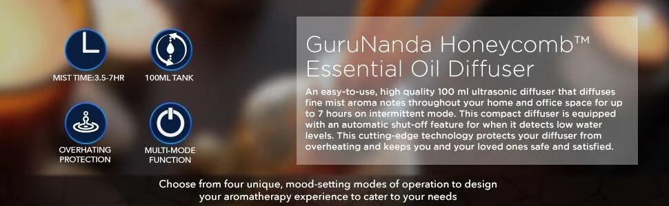 GuruNanda Essential Oil Diffuser- 90ml Honeycomb Aromatherapy Ultrasonic Diffuser, Cool Mist Humidifier with 7 Color LED Lights and Waterless Auto Shut-Off for Bedroom Home Office Kitchen Yoga Studio Honeycomb Diffuser - product information 2