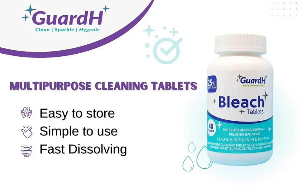 GuardH Bleach Tablets - 40 count. Bleach for laundry and multipurpose cleaning. Liquid bleach Alternative. Used for kitchen surfaces, bathroom tiles and toilet bowl cleaning. - Multipurpose cleaning tablet