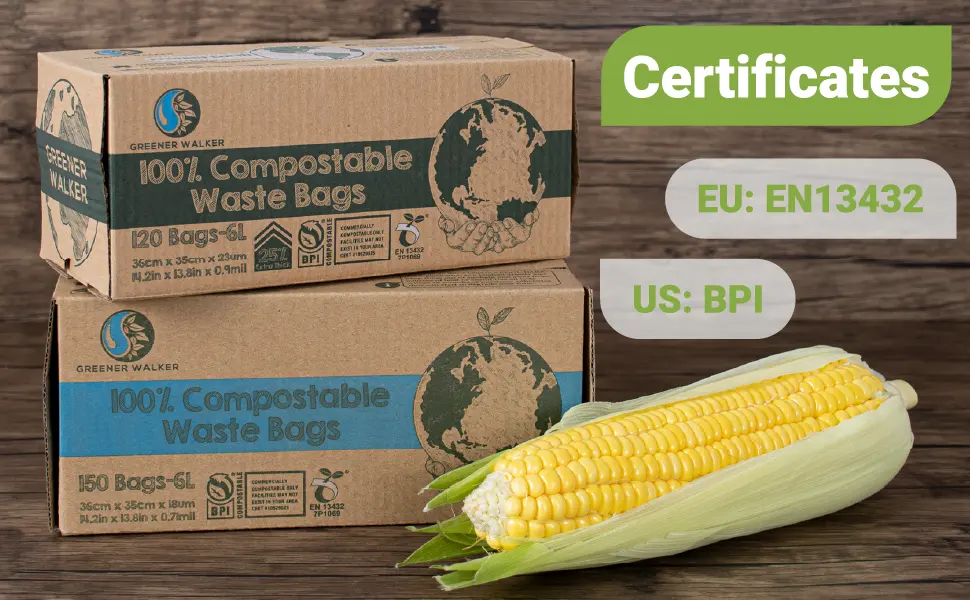 GREENER WALKER 100% Compostable Trash Bags, 1.6 Gallon-150Bags, ASTM D6400 BPI Biodegradable Food Kitchen Waste Bags 6L - trash bag