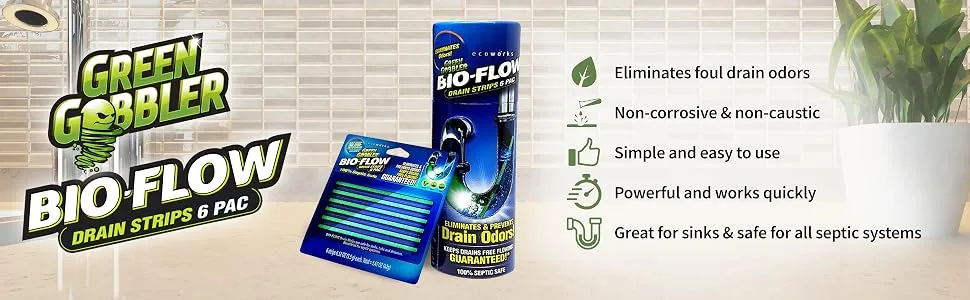 Green Gobbler BIO-Flow Drain Strips - 24 Strips | Drain Cleaner & Deodorizer - drain maintenance clogged clog bio flow deodorizer deodorizes drains powerful sinks sink odor safe