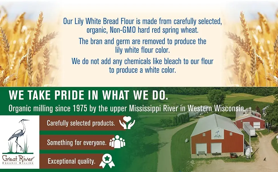 Great River Organic Milling, Lily White Bread Flour, All-Purpose, Organic Unbleached & Unbromated , 25 Lb (Pack Of 1) - Lily White footer Image