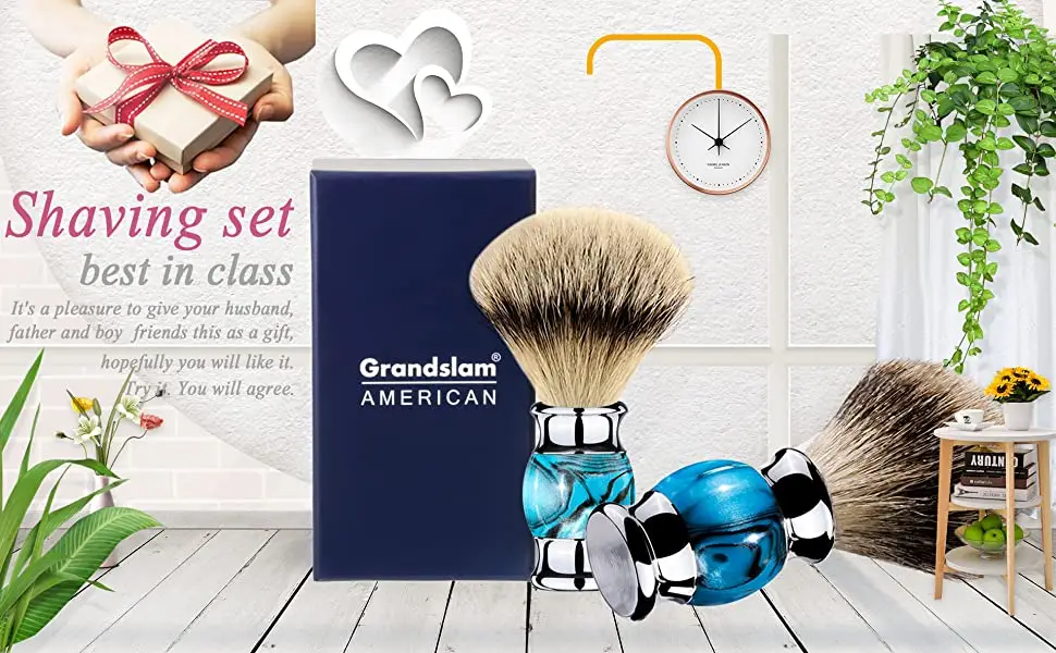 Grandslam Finest Badger Shaving Brush with Resin Handle- Engineered for the Best Shave of Your Life (Blue) - 37465