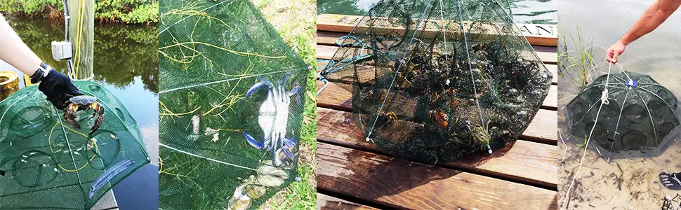 Goture Portable Folded Fishing Net Fish Shrimp Minnow Crayfish Crab Baits Cast Mesh Trap Automatic Automatic 6 sides 12 Holes with 100 Feet Rope - fish trap