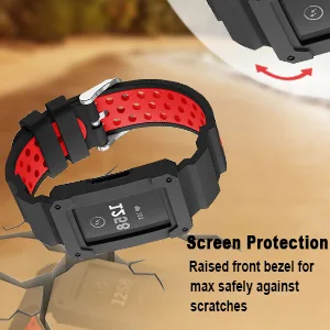GOSETH Compatible with Fitbit Charge 4/Fitbit Charge 3 Bands with Case, Silicone Strap with Shatter-Resistant Protective Frame for Fitbit Charge 3/SE/Charge 4 and Special Editions (Black&Grey) - Screen Portector