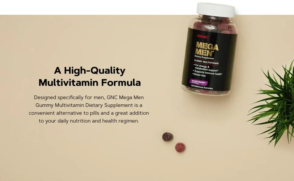 GNC Mega Men Gummy Multivitamin | Supports Energy, Metabolism, and Immune System, Gluten Free | Mixed Berry | 120 Gummies - MEGA MEN