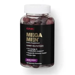 GNC Mega Men Gummy Multivitamin | Supports Energy, Metabolism, and Immune System, Gluten Free | Mixed Berry | 120 Gummies - Multivitamin, package, gummies