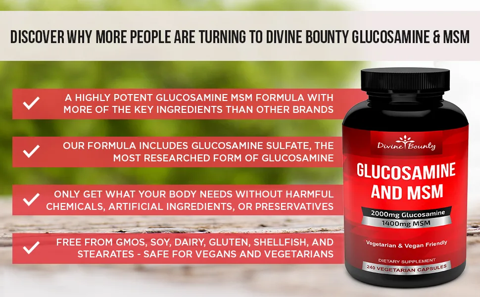 Glucosamine Sulfate Supplement (2000mg per Serving) with MSM - 240 Small Vegetarian Capsules - No Shellfish, GMO's or Harmful Additives - Divine Bounty Glucosamine MSM