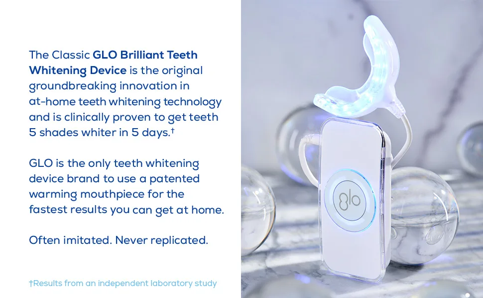 GLO Science  GLO Classic Brilliant Teeth Whitening Device Kit with Patented Warming Mouthpiece and Blue LED Light Technology  Designed for Sensitive Teeth, White Device - Glo Science Original White