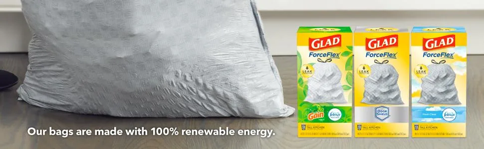 Glad ForceFlex Tall Kitchen Drawstring Trash Bags  13 Gallon Trash Bag, Fresh Clean scent with Febreze Freshness  80 Count (Package May Vary) Febreze Fresh Clean - Trash Bags; Garbage Bags; Kitchen Trash Bags; 13 Gallon Trash Bags; Glad Trash Bags; Tall Kitchen