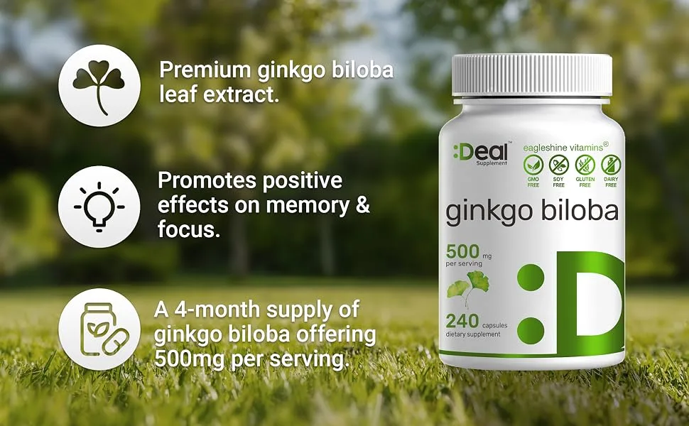 Ginkgo Biloba 500mg Per Serving, 240 Capsules, 4 Months Supply, Grown in Northern Asia | Extra Strength, Promotes Brain Function, Supports Memory & Concentration - gingko