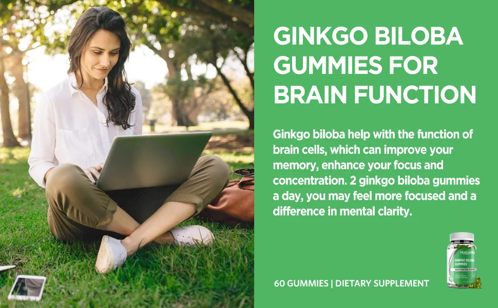 Ginkgo Biloba 120mg Gummies Organic Ginko Biloba Supplements for Brain Boost, Blood Circulation, Vegan, Non-GMO, 60 Chewables - brain support