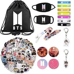 Gift Package Gift Set for Fans - Including Drawstring Bag Backpack,Stickers, Face M-asks, Lanyard, Keychains, Bracelets, Button Pins - BTS Fans Gift Set