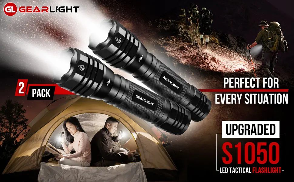 GearLight S1050 LED Flashlight Pack - 2 Bright, Zoomable Tactical Flashlights with High Lumens and 3 Modes for Everyday, Outdoor & Emergency Use - Gifts for Men & Women - S1050 led tactical flashlight upgraded 2 pack