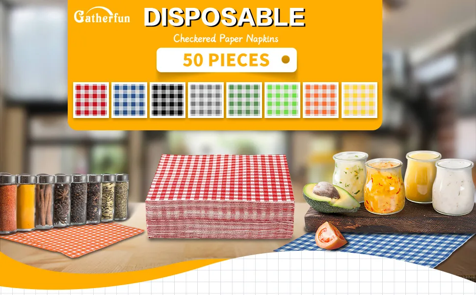 Gatherfun Disposable Red and White Gingham Paper Napkins (Pack of 50) 1-Red Plaid 50 Count (Pack of 1) - product information 1