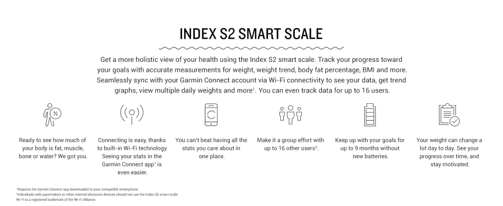 Garmin Index S2, Smart Scale with Wireless Connectivity, Measure Body Fat, Muscle, Bone Mass, Body Water% and More, Black (010-02294-02) Black Smart Scale - Garmin Index S2