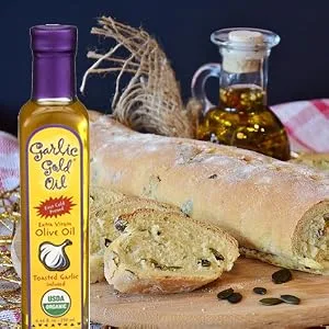 Garlic Gold USDA Certified Organic Extra Virgin Olive Oil Infused with Garlic, Low FODMAP,(8.44 fl oz) - Bread Dipping great for