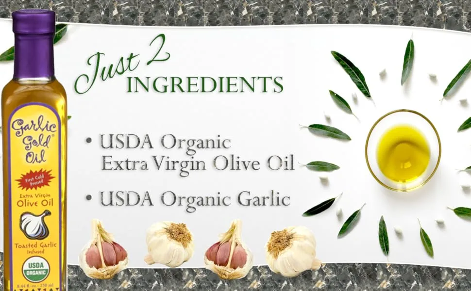 Garlic Gold USDA Certified Organic Extra Virgin Olive Oil Infused with Garlic, Low FODMAP,(8.44 fl oz) - Organic Extra virgin Olive Oil low fodmap IBS Dairy free garlic for cooking