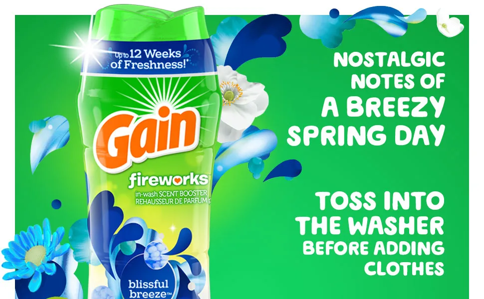 GAIN Gain Fireworks in-Wash Scent Booster Beads, Blissful Breeze, 20.1 Ounce - Nostalgic notes of a breezy spring day Toss into the washer before adding clothes